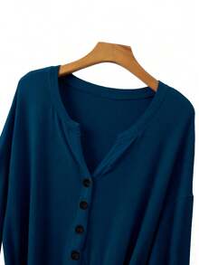 GlowEve CURVE Plus Size Elegant Solid Color Front Button Closure Dress, Autumn/Winter - Blue - View 3