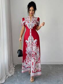 SHEIN Elenzya 2025新款女士深红色优雅性感V领开衩下摆修身长裙，适合女士婚礼、正式晚宴、派对、约会、情人节等场合（花卉图案） - 紅色 - 查看 7