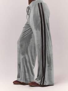 MUSERA Quần jogger ống rộng kẻ sọc bên hông, chất liệu nhung dày, cạp chun buộc dây, kiểu dáng cổ điển, dễ thương, phong cách đồng quê, nhà tranh, quần mặc nhà thoải mái cho nữ, màu caramel, mùa hè. - Xám - Xem 3