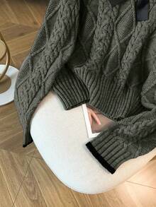 GlowEve CURVE 加大码优雅奢华灰色彼得潘领蝴蝶结修身长袖针织毛衣，厚款 - 灰色 - 查看 7