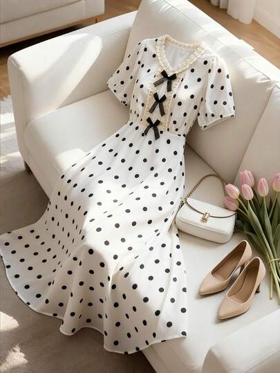 GlowEve CURVE Plus Size Polka Dot Bow Lace Ruffle Puff Sleeve A-Line Dress, Spring/Summer