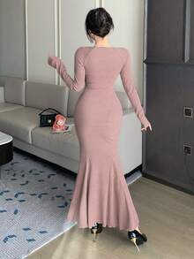 DAZY 女士优雅纯色修身中长鱼尾连衣裙，秋冬款