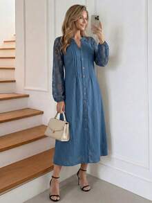 Miaspire 女式 V 领撞色蕾丝灯笼袖单排扣优雅中长连衣裙 - 藍色 - 查看 1