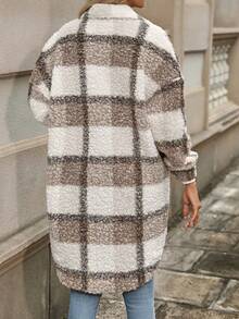 SHEIN PETITE PETITE Women's Autumn/Winter Long Sleeve Double Pocket Plaid Fluffy Jacket - Coffee Brown - View 2