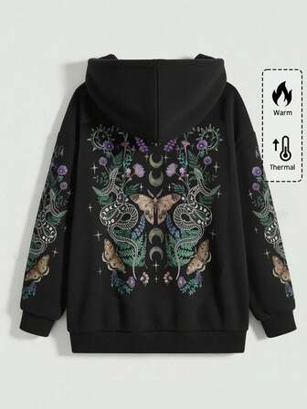 Goth Giacca con cappuccio nera con chiusura lampo, stile gotico Y2K, con motivi di convolvolo, farfalla, serpente arrotolato e albero di spine, per taglie forti, adatta per l'autunno/inverno, giacca con cappuccio casual da donna per il Natale e le vacanze