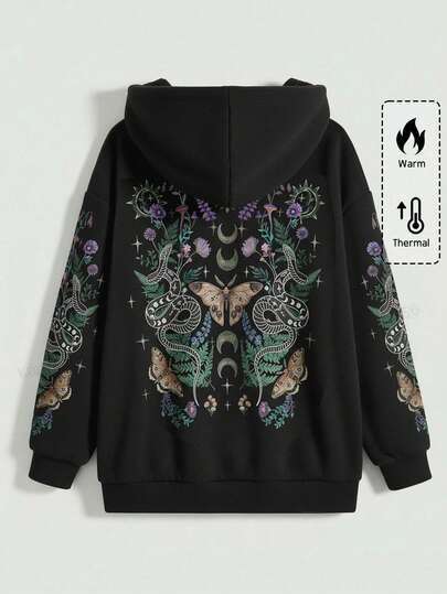 Gothic Y2K Bindweed, Butterfly, Coiled Snake, Thorn Tree Plus Size Black Zip-Up Hoodie Jacket, Autumn/Winter Plus Size Women's Black Hoodie Jacket, Christmas Holiday Casual Women's Hoodie Jacket
