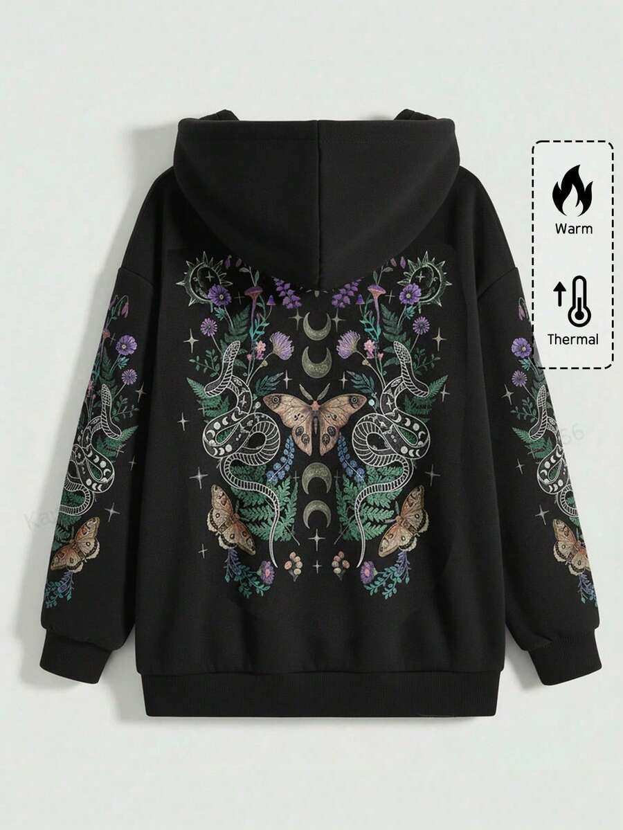 ROMWE EDITION 哥特风 Y2K 旋花、蝴蝶、盘蛇、荆棘树图案加大码黑色拉链卫衣外套，秋冬加大码女式黑色卫衣外套，圣诞节假日休闲女式卫衣外套 - 黑色 - 查看 1