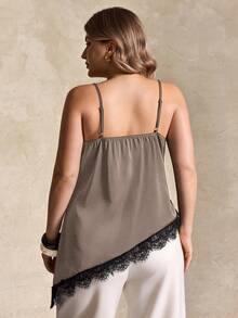 Plus Size Women Urban Casual Lace Asymmetric Hem V-Neck Patchwork Solid Color Cropped Camisole - Khaki - View 2