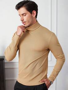 Core Aspect Maglietta a collo alto da uomo in tinta unita, slim fit, a maniche lunghe. Trasmette un'atmosfera casual di alta qualità, adatta per pendolarismo e uscite quotidiane. Il maglione a collo alto da uomo è un capo essenziale da indossare come strato intermedio in autunno e inverno, da abbinare a giacche, cappotti, cappotti di lana e giubbotti. Hanno una buona elasticità, design a tinta unita, versatili e pratici. - Cachi - Visualizzare 6