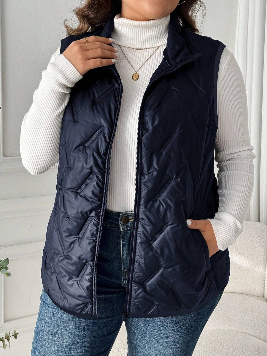 SHEIN LUNE 大码纯色前拉链无袖口袋休闲夹棉外套，日常穿着，适合冬季