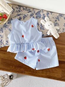 SHEIN Baby Girl Striped Strawberry Print Round Neck Ruffle Hem Top And Elastic Waist Shorts Casual Holiday Outfit Set Baby Girl Clothes Baby Girl Strawberry Clothes - Blue - View 2