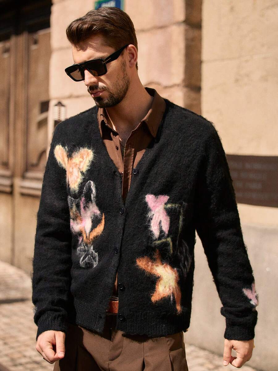 AKNOTIC Business Casual Men's Casual Butterfly Jacquard Drop Shoulder Long Sleeve Knitted Cardigan, Autumn/Winter, Grunge Style, Christmas - Black - View 1
