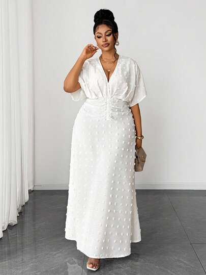 Maweii Plus Size Women's Solid Color Bat Sleeve V-Neck Simple Elegant Elegant French Style Dress