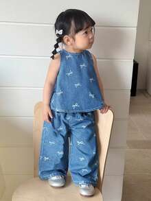 SHEIN Baby Girl Crew Neck Bow Print Hollow Back Tank Top And Elastic Waist Wide Leg Jeans Casual Vacation Outfit - Light Wash - View 4