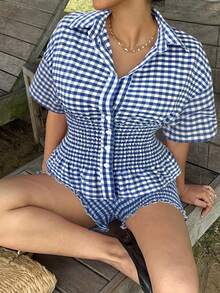 MainGRL 女士休闲蓝色格子衬衫短裤两件套 - 藍色 - 查看 4