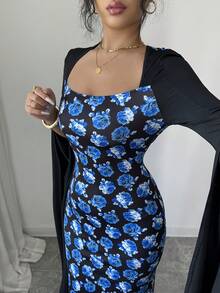 Rafferiza Vestido largo de manga larga con abertura y estampado fluido, vestido de noche con recortes, estilo europeo y americano - azul real - Ver 6