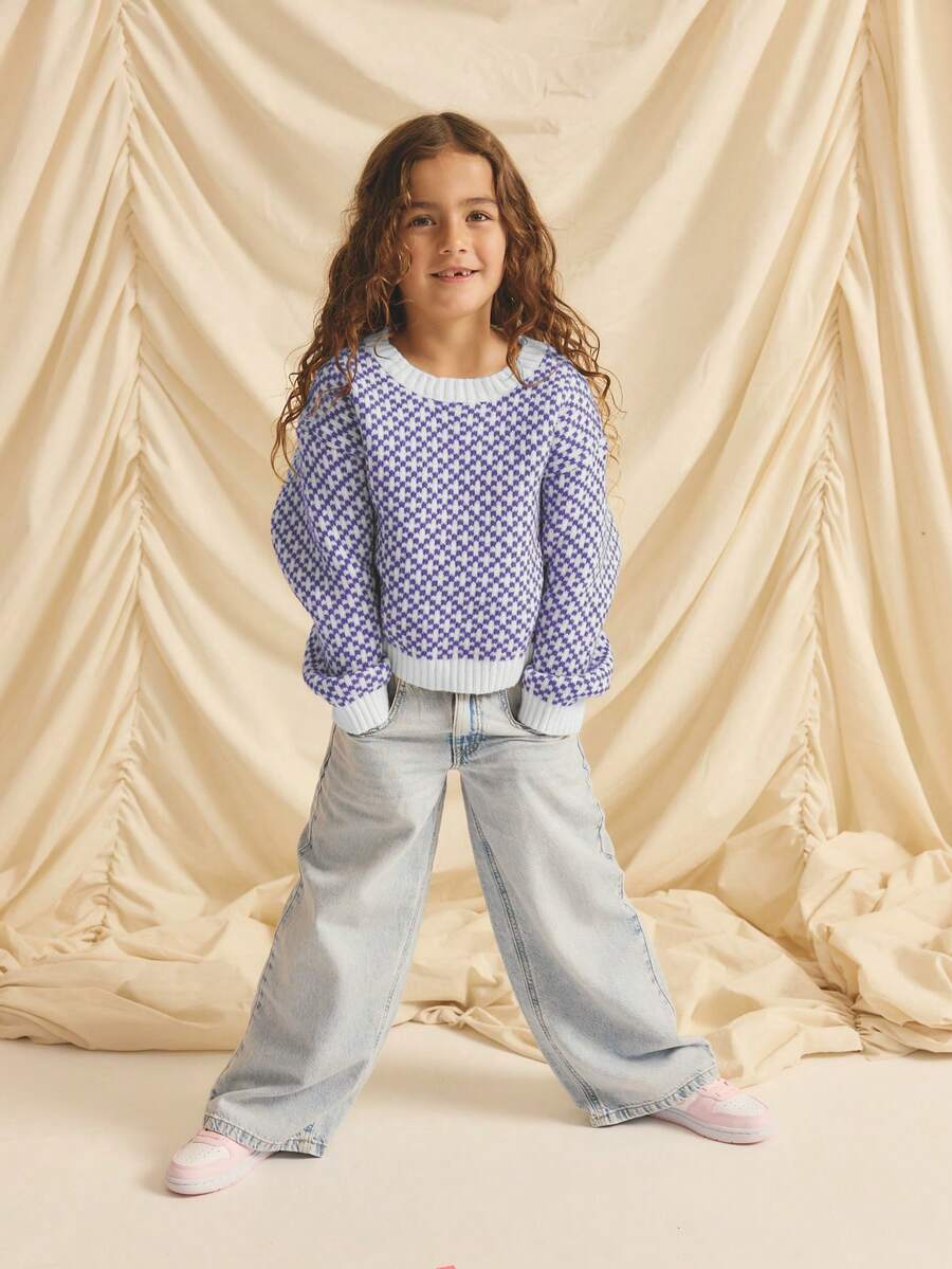 Young Girl Round Neck Cross Pattern Casual Versatile Daily Wear Long Sleeve Sweater, Autumn/Winter Kids Loungewear Lilac Jumper Winter Young Girls Sets Girl Knit Set Purple Sweater For Girls Girl Knit Jumper Girls Knit Set Winter Young Girls Clothes 12 Year Old Girl Jumper Purple Or Lilac