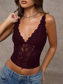 SHEIN BAE Áo corset ren gợi cảm đa năng dành cho nữ, thích hợp mặc đi chơi, hẹn hò, dự tiệc theo chủ đề, đi xem hòa nhạc, đêm giao thừa, tiệc Giáng sinh. - Màu Tím - Xem 4