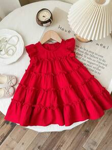 SHEIN 女婴可爱休闲宽松红色荷叶边飘逸袖连衣裙