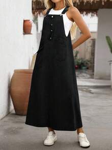 EMERY ROSE Plus Size Loose Washed Denim Pinafore Dress - Black - View 8