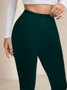 Modelyn Quần legging cạp cao màu trơn thoải mái thường ngày dành cho nữ - Màu xanh lá cây đậm - Xem 3