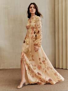 Anewsta Women's Floral Print Ruffle Decor Cinched Waist Maxi Dress, Elegant Casual Long Dress, Spring/Summer Resort Wear, Luxury Abaya Style - Yellow - View 3