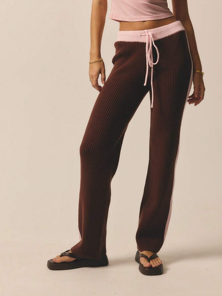 Aralina Women's Leisurewear Knitted Stripe Wide Leg Pant With Contrast Waistband Perfect For Activewear Outfits And Travel Outfits And Vacation Outfits