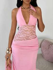 Flirla 一件粉色V领蕾丝碎花连衣裙，露背设计，松紧腰身，鱼尾裙摆，适合派对、婚礼、鸡尾酒会、夏季等场合。 - 粉色 - 查看 5