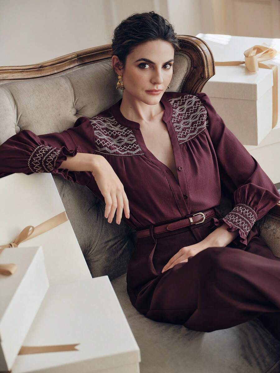 Anewsta Women's Elegant Pure Tencel Embroidered Floral Loose Blouse, Fashion & Modern, Spring/Summer - Red Violet - View 1