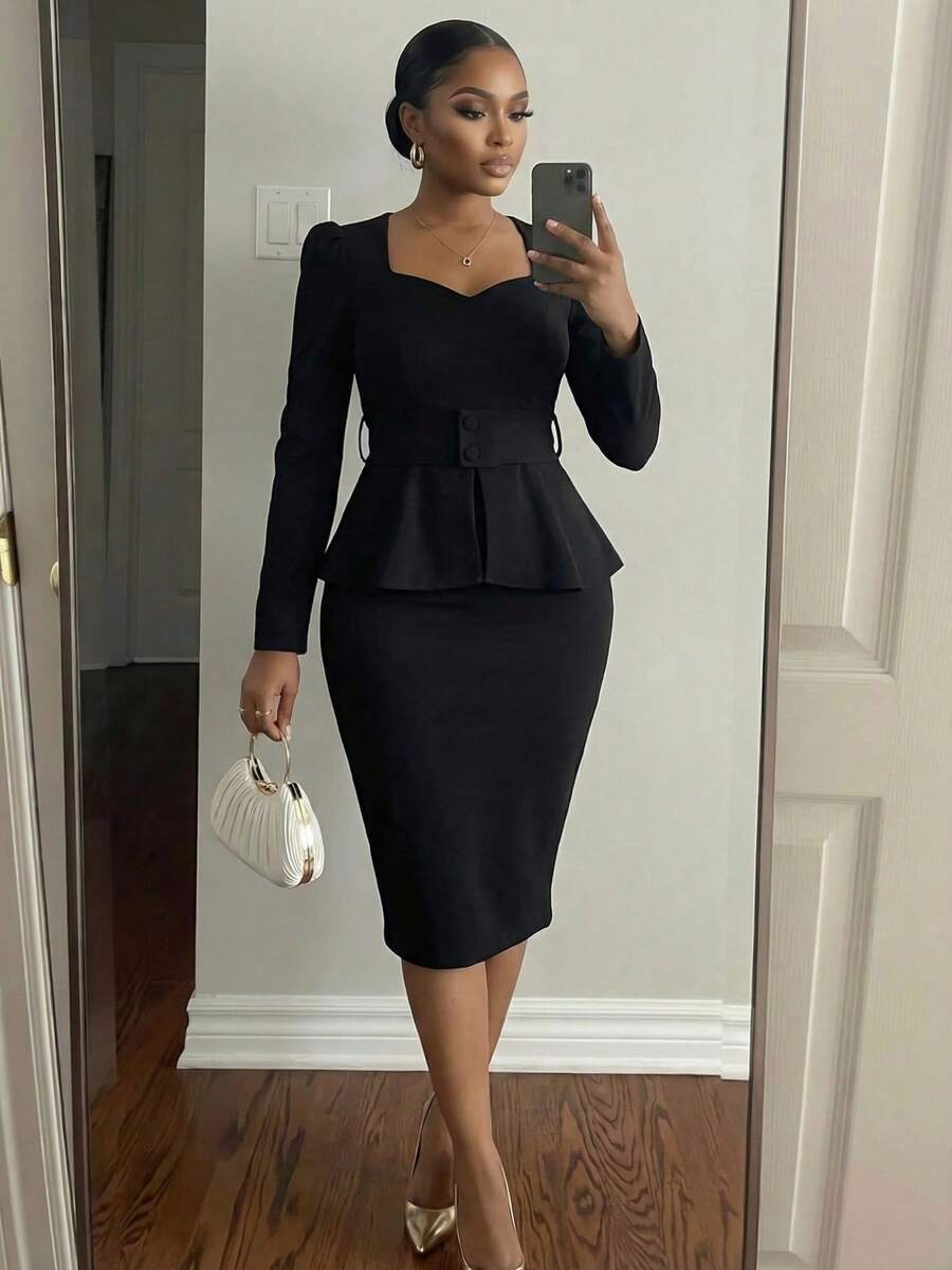 SHEIN Lady 秋季大码优雅通勤纯色鸡心领荷叶边下摆上衣和裙子两件套 - 黑色 - 查看 1