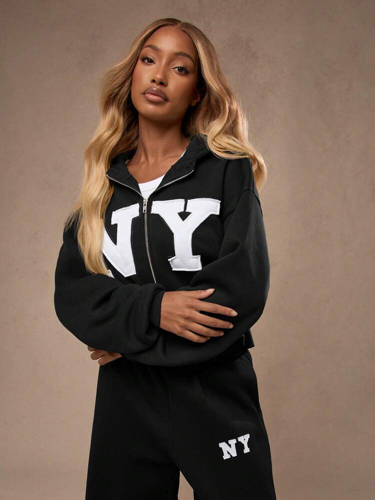 MISSGUIDED Oversized Cropped Zip Through Graphic Hoodie With NY Letter Print And Hood