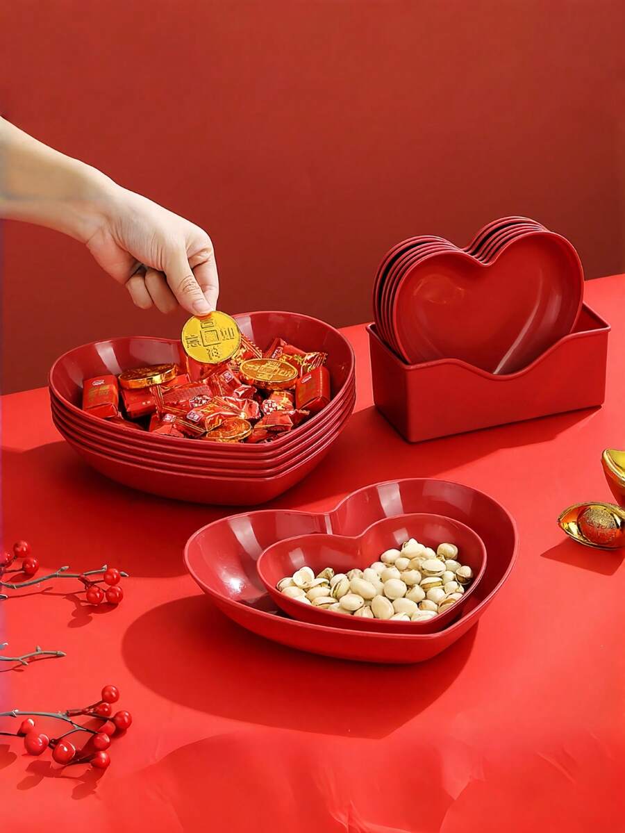 1PC Red Heart Shape 4 Compartment Snack Tray Spill Resistant Sauce Divider Plate For Nuts Candies Dried Fruits Salads Snacks Multi Purpose Serving Dish Perfect For Weddings Parties Diwali Engagements Animal Floral Themed Decor All Season Use Party Supplies Kitchen Dining Tableware Home Decor Gift Idea - Red - View 1