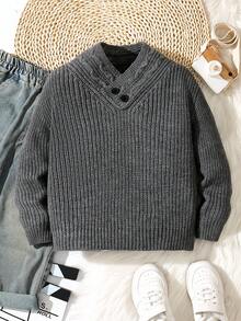 1 件年轻男孩休闲舒适时尚百搭柔软厚实提花针织灰色毛衣，适合日常穿着、上学、外出、运动、秋冬