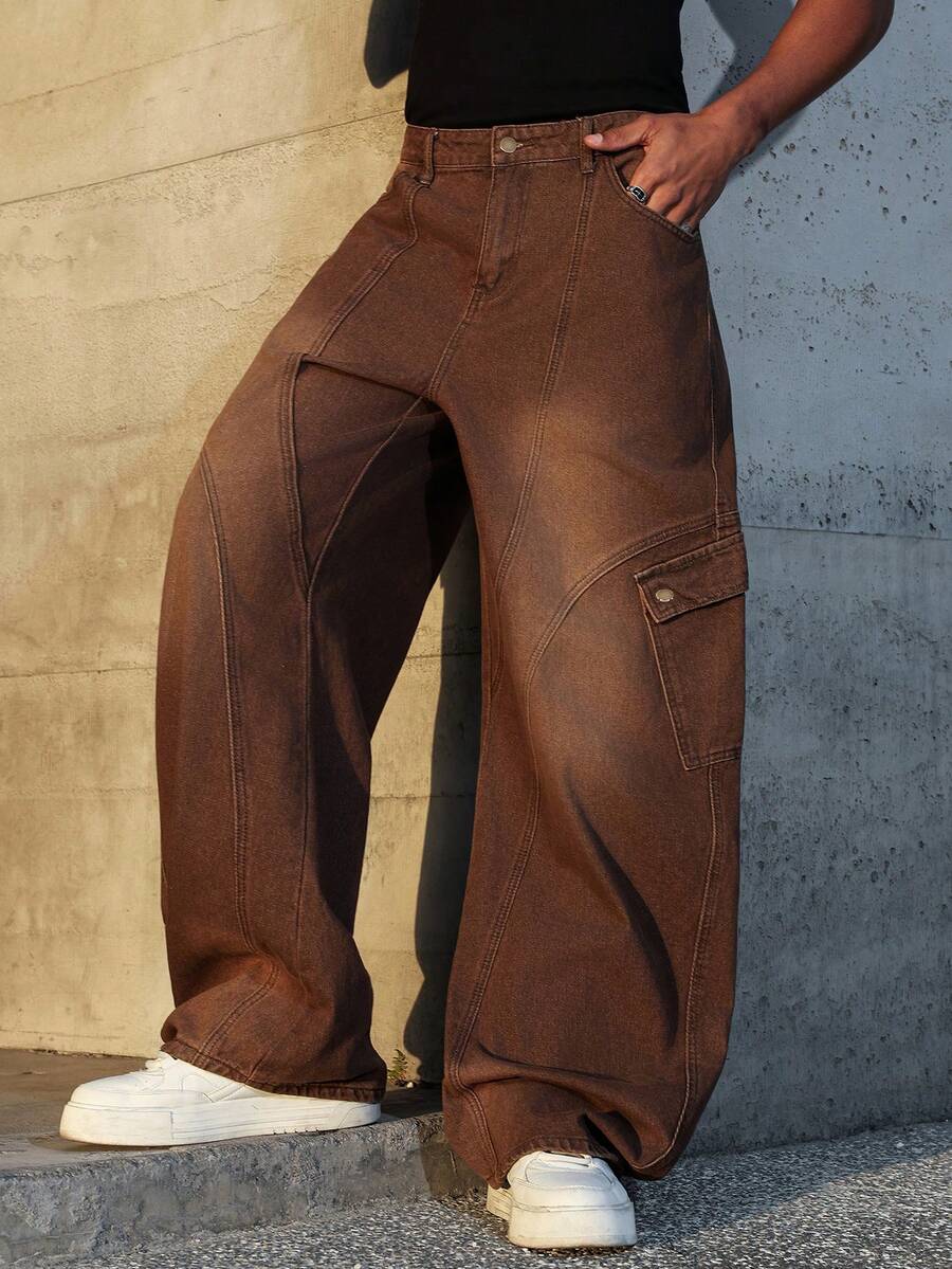 Manfinity EMRG Quần jeans ống đứng cổ điển chắp vá - Cà phê nâu - Xem 1