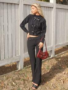 Sydney Algeri pull en tricot texturé à manches longues avec nœud papillon, confortable, pour femmes, hiver - Noir - Voir 4