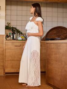 Lullawish 两件套波西米亚风休闲舒适度假宽松性感吊带背心配荷叶边上衣和蕾丝宽松长裤睡衣套装（女款） - 白色 - 查看 5