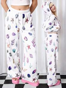 Y2Kool Maria Clara Maia 白色法兰绒海星贝壳印花Y2K休闲宽松裤，适合秋冬季派对、度假、日常搭配，也可作为夏季沙滩裤、度假裤、白色阔腿裤、春季女装、生日礼物或嘉年华服饰。 - 白色 - 查看 4