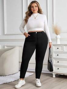 SHEIN CURVE+ Plus Size Women High Waist Solid Color Pants, Suitable For Daily Wear/Winter Baggy - Black - View 7