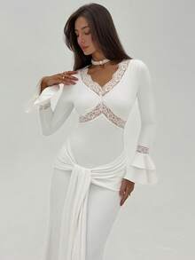 Aloruh Vestido de festa branco elegante, modelo sereia com decote em V profundo e mangas flare vazadas para mulheres. - Branco - Ver 6