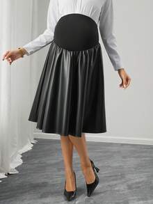 Momance Maternity PU Leather Pleated Patchwork Versatile Casual Skirt - Black - View 3