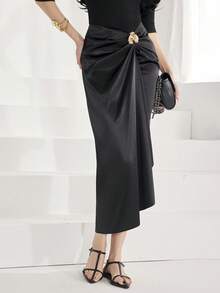 Heiryn Women's Fashionable Solid Color Decorative Ring Versatile Skirt - Black - View 2