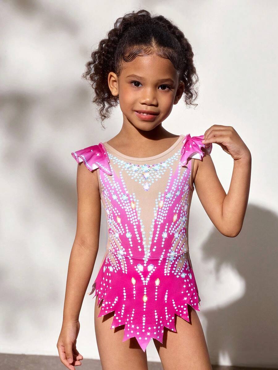 Young Girls Cap Sleeve, Cap Sleeve Printed Leotards, Comfortable & Skin-Friendly, Snug Fit Design To Prevent Exposure, Rhythmic Gymnastics Activewear, School Dance Competition Unitard, Suitable For All Seasons, Rose Red, Christmas Festive Pattern - Hot Pink - View 1