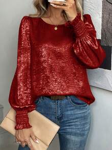 SHEIN LUNE Áo cánh tay bồng cổ tròn họa tiết lá kim loại - Màu Đỏ Sâu - Xem 10
