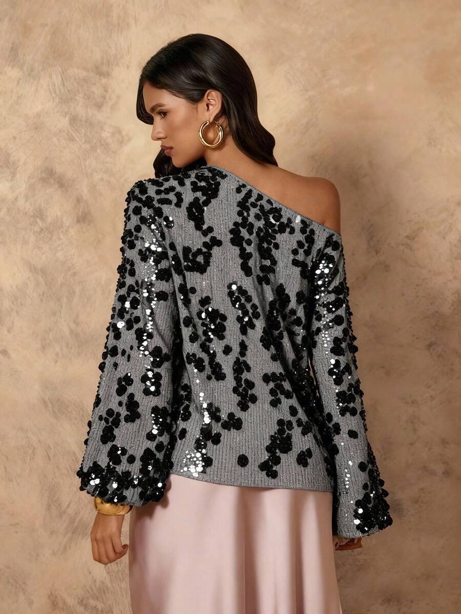 SHEIN Unity 女士亮片装饰宽松不对称肩长袖衬衫 - 黑色 - 查看 1