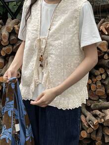 FRIFUL Summer New Solid Color Lace-Up Bow Tie Patchwork Sheer Lace Fabric Layered Casual Versatile Tank Top - Beige - View 1