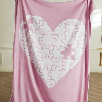 一件法兰绒毯，房间装饰的首选，超级柔软轻盈，爱心拼图印花，粉色图案毯，非常适合家庭使用，是送给朋友、家人或自己的生日礼物，舒适保暖，柔软易打理，可爱风格，沙发、卧室、客厅多用途毯，情人节装饰