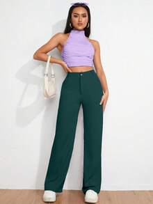SHEIN Cottnline Casual Versatile Solid Color Straight Leg Pants - Green - View 6