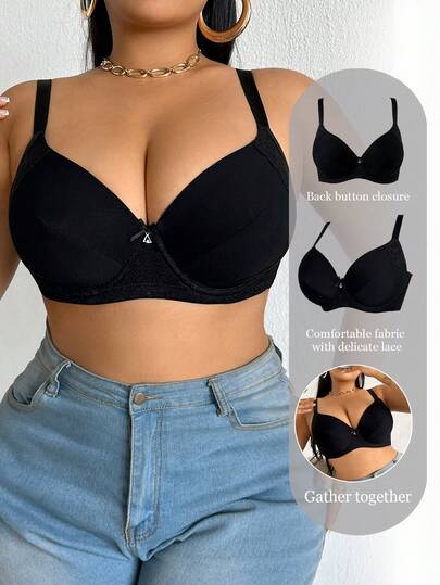 DesireSculpt 1pc Plus Size Lace Patchwork Wireless Thin Cup Smooth Comfortable Minimalist Supportive Full Coverage Bra