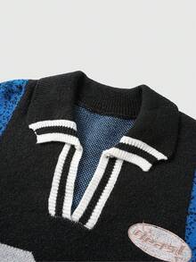 ROMWE MEN Prep Men's Embroidered Contrast Striped Pattern Pullover Sweater - Navy Blue - View 3