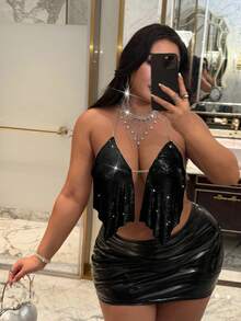 NU&NOW Áo crop top không tay đính sequin và dây xích kim loại gợi cảm dành cho phụ nữ ngoại cỡ, mặc dự tiệc - màu đen - Xem 3
